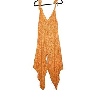 La Tropicale Floral Jumpsuit Harem Pant Hibiscus Hawaiian Aloha Orange Flowy O/S